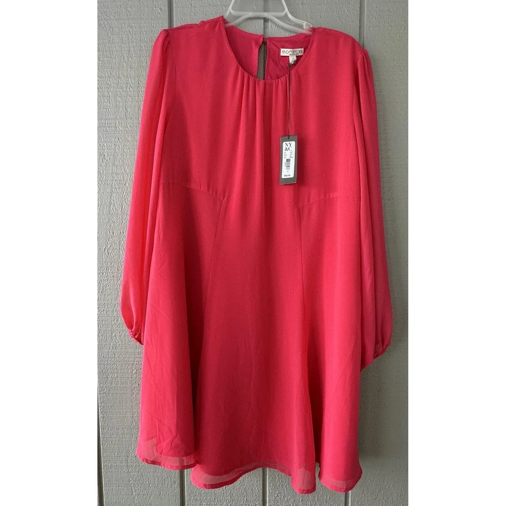 Eva Mendes NY & Co‎ Dress Womens 14 Pink Chiffon Swing Long Sleeve Keyhole